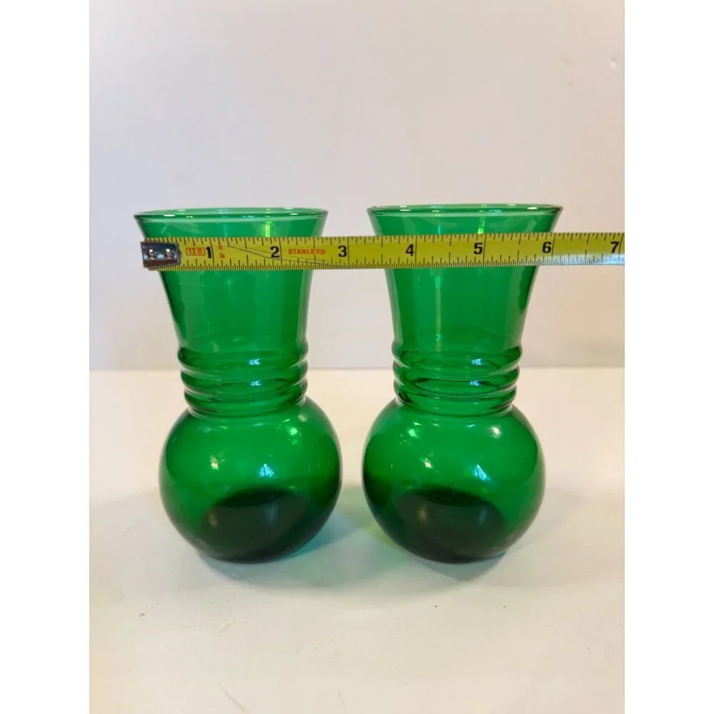 Vintage Mid Century Anchor Hocking Ribbed Forest Green Glass Vase Lot of 2